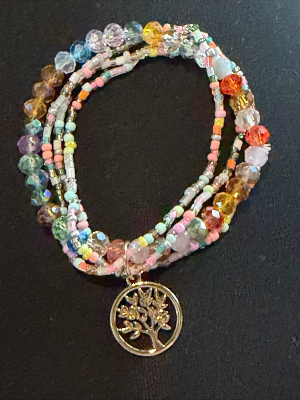 Multicolor Beaded Bracelet with Gold Tree Pendant